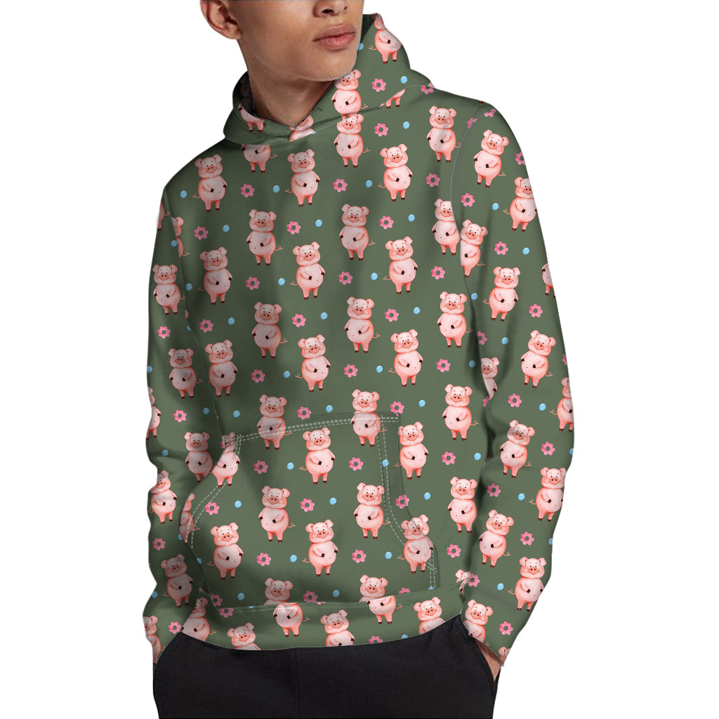 Vintage Pink Pig Pattern Print Pullover Hoodie