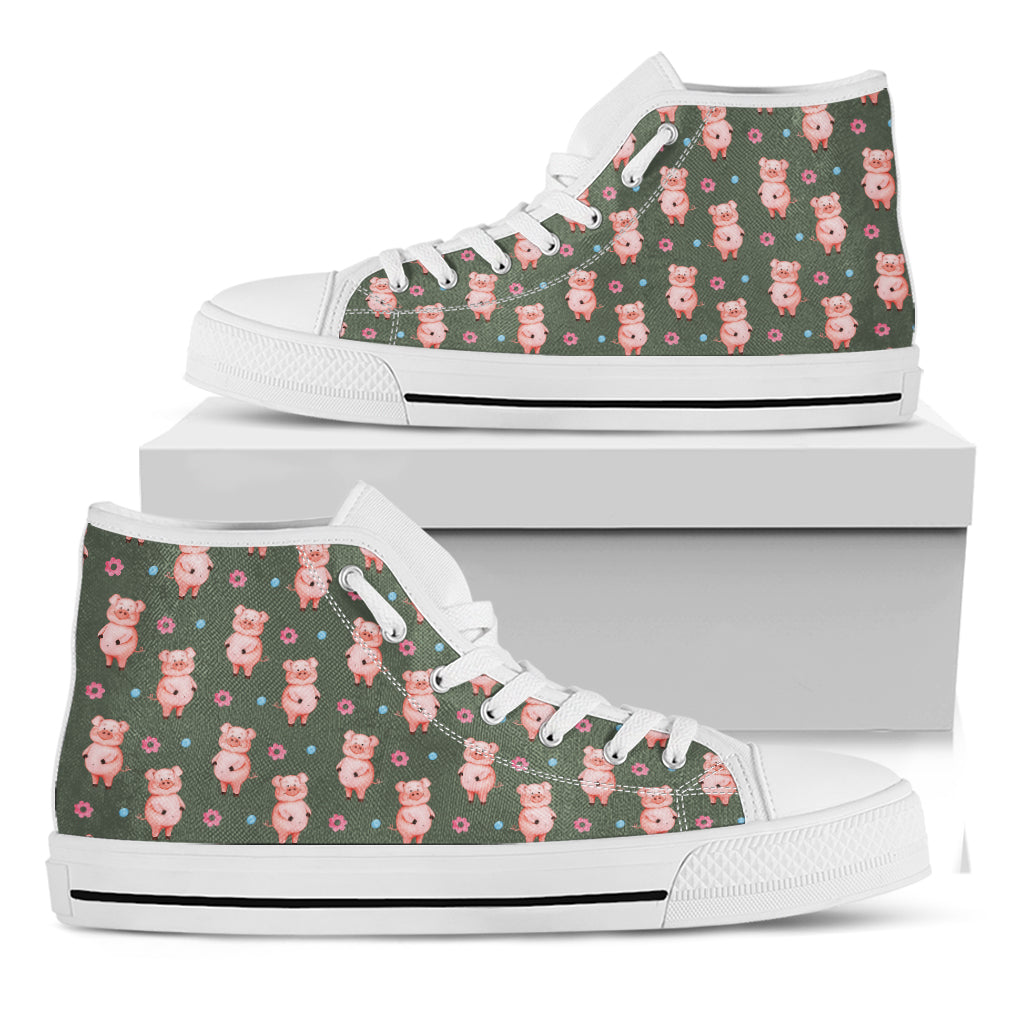 Vintage Pink Pig Pattern Print White High Top Shoes