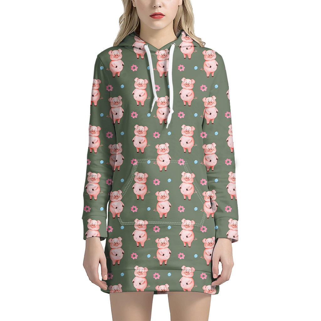 Vintage Pink Pig Pattern Print Women's Pullover Hoodie Dress