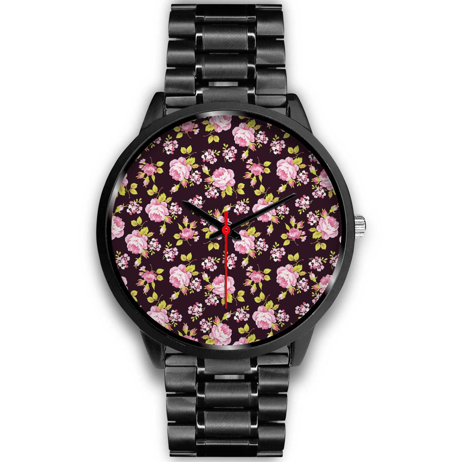 Vintage Pink Rose Floral Pattern Print Black Watch