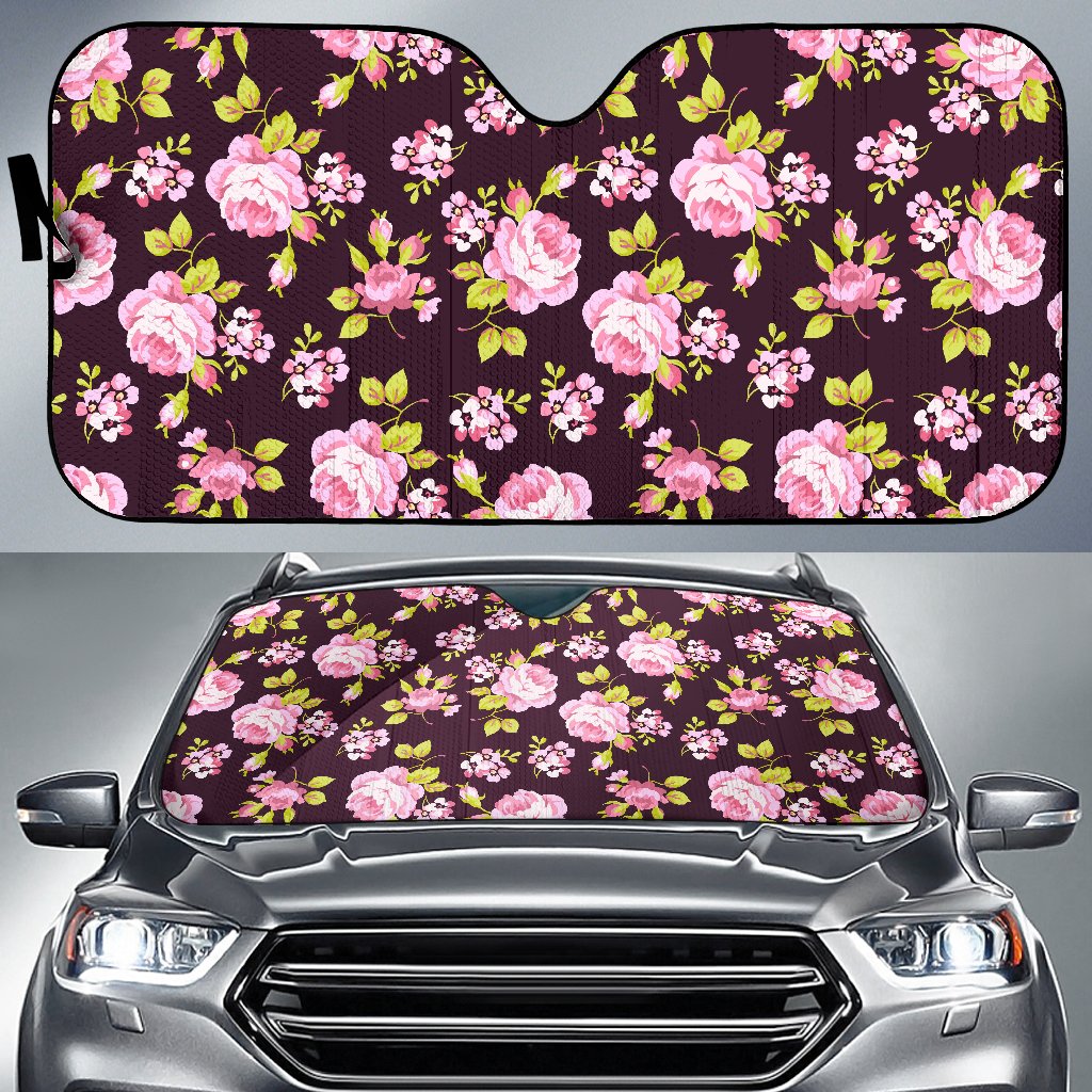 Vintage Pink Rose Floral Pattern Print Car Sun Shade