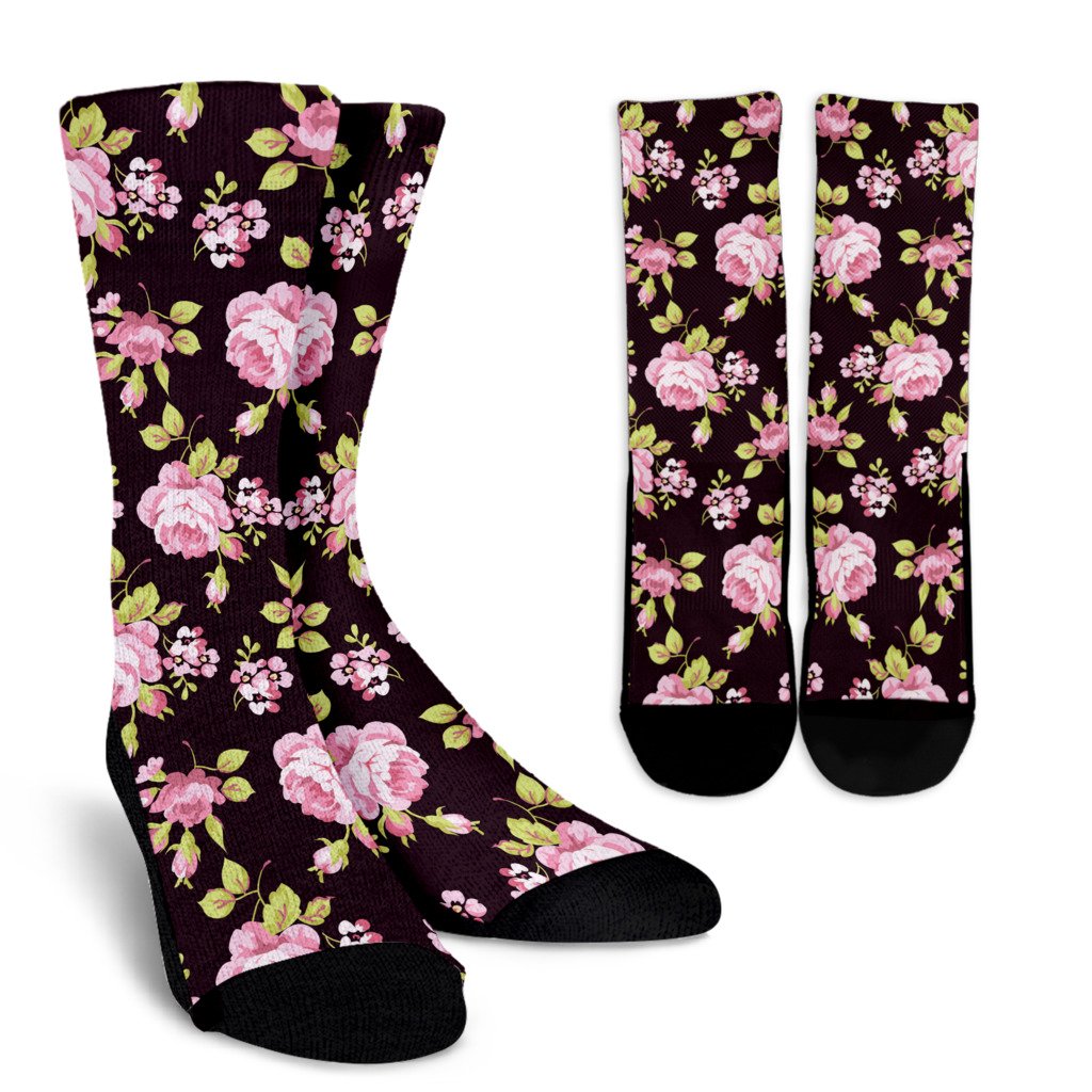 Vintage Pink Rose Floral Pattern Print Crew Socks