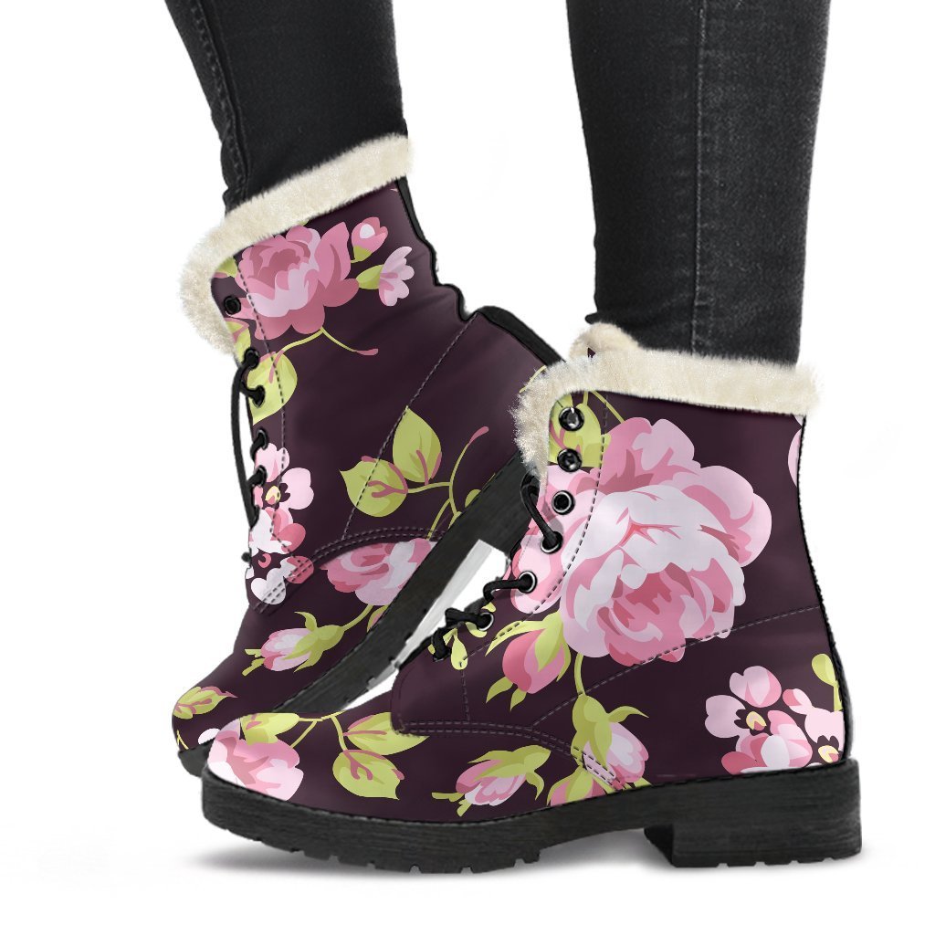 Vintage Pink Rose Floral Pattern Print Faux Fur Leather Boots