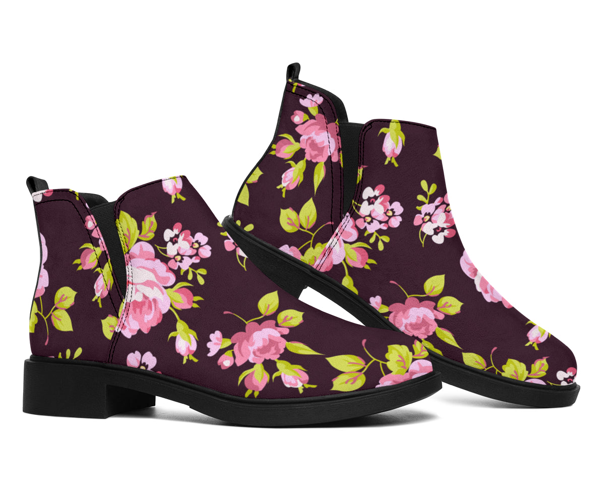 Vintage Pink Rose Floral Pattern Print Flat Ankle Boots