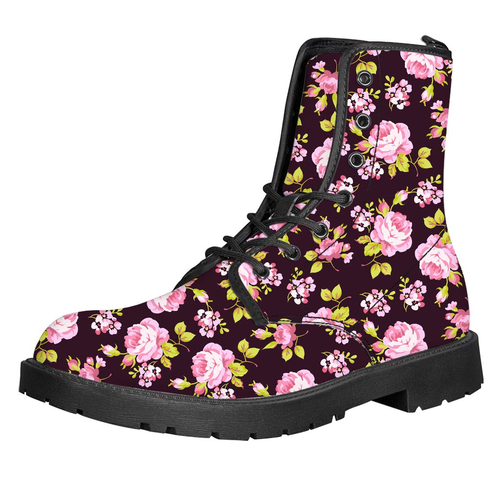 Vintage Pink Rose Floral Pattern Print Leather Boots