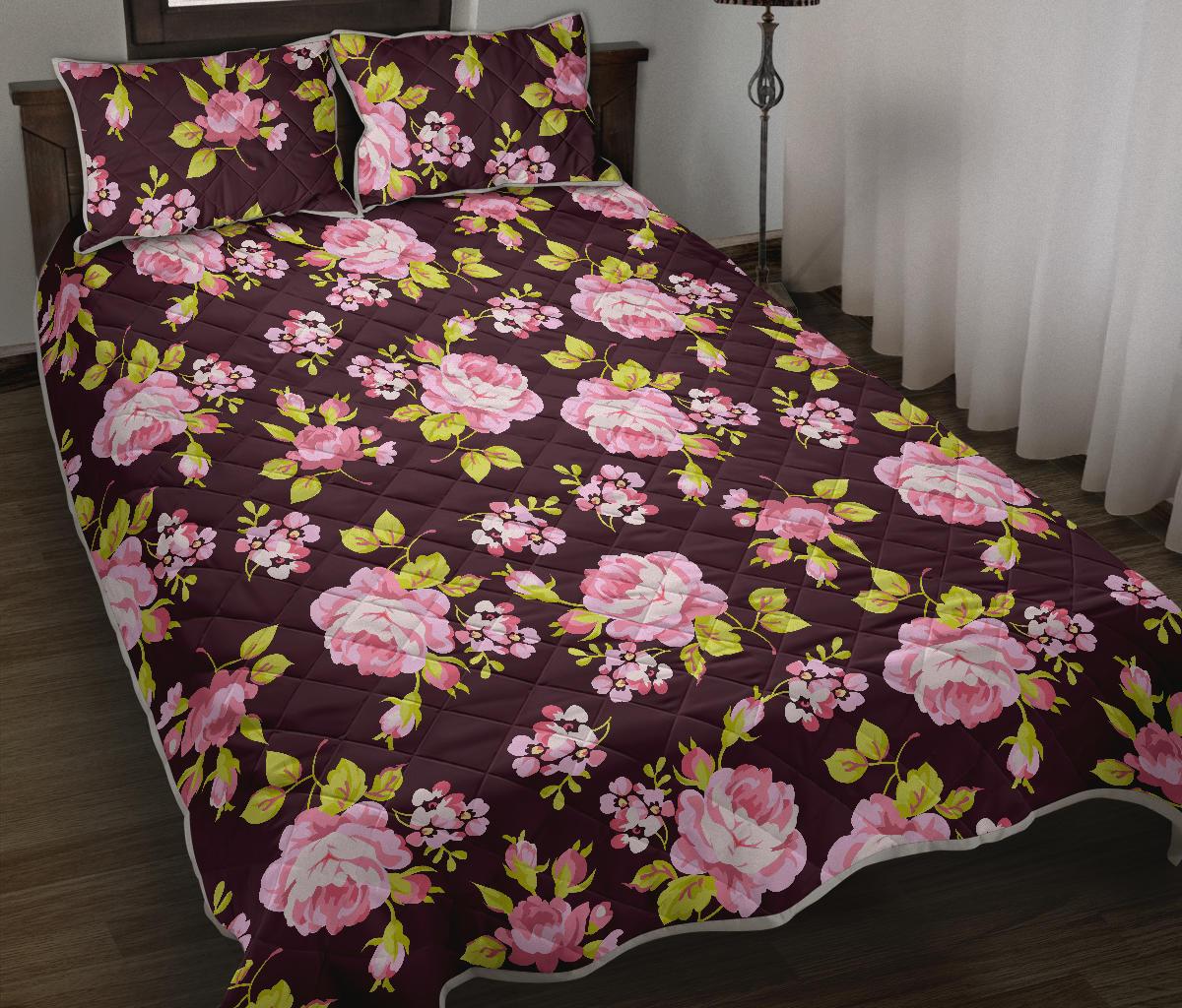 Vintage Pink Rose Floral Pattern Print Quilt Bed Set