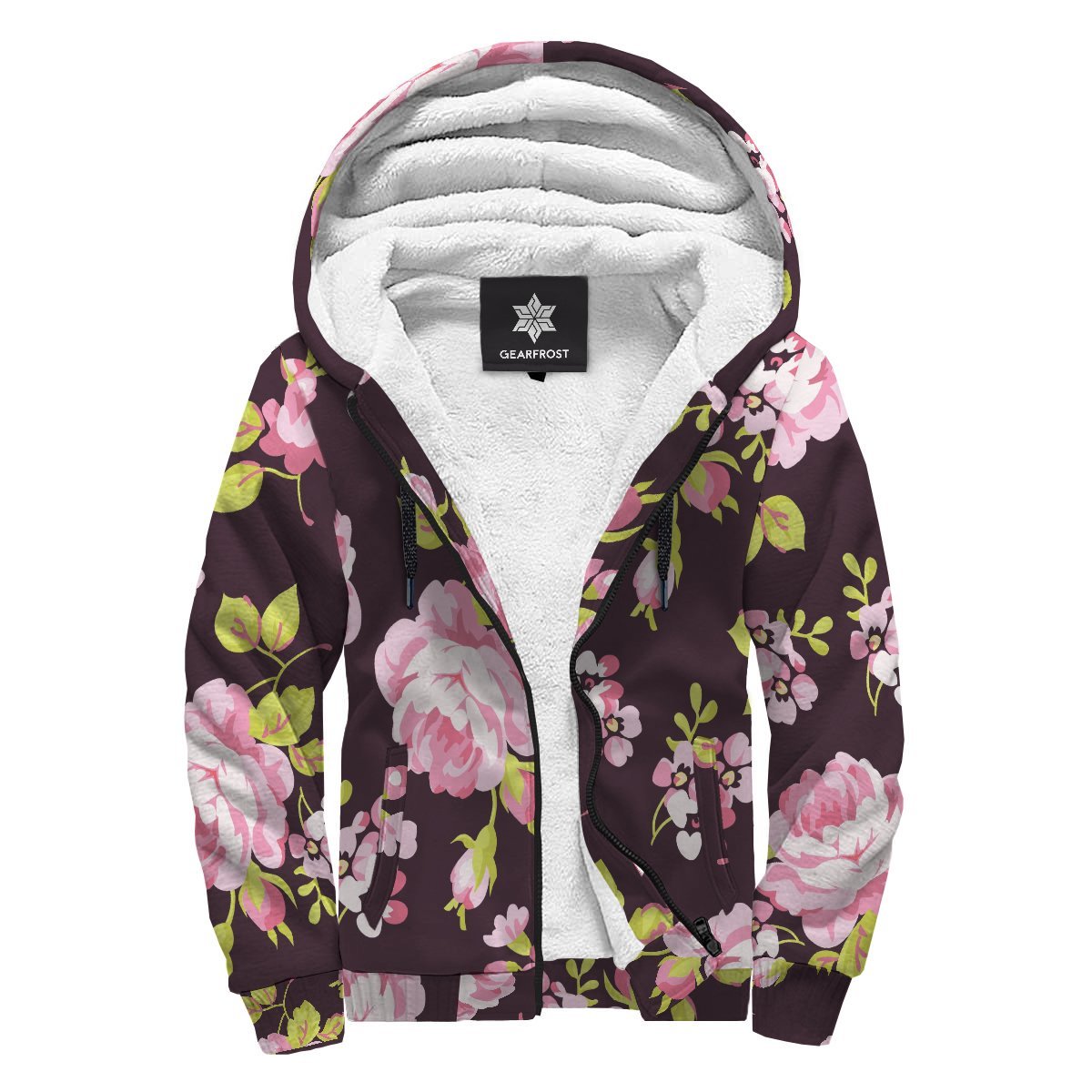 Vintage Pink Rose Floral Pattern Print Sherpa Lined Fleece Hoodie