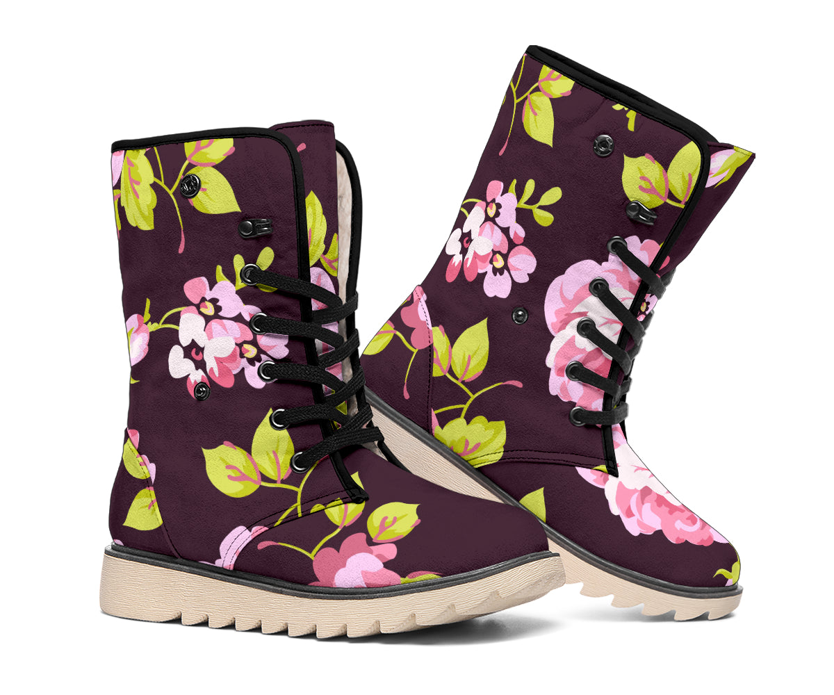 Vintage Pink Rose Floral Pattern Print Winter Boots