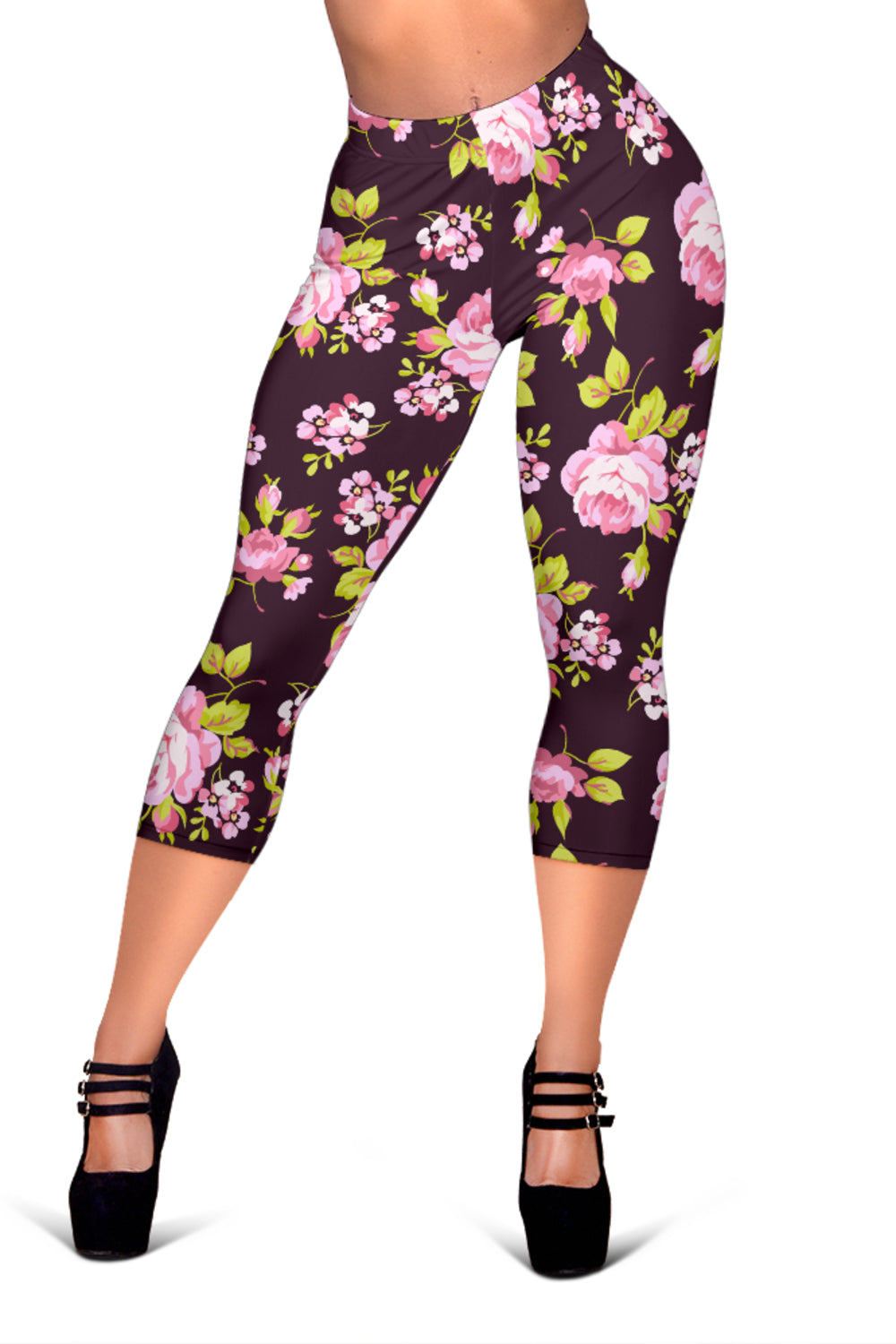 Vintage Pink Rose Floral Pattern Print Women's Capri Leggings