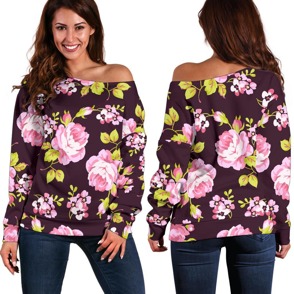 Vintage Pink Rose Floral Pattern Print Women's Off-Shoulder Sweatshirt