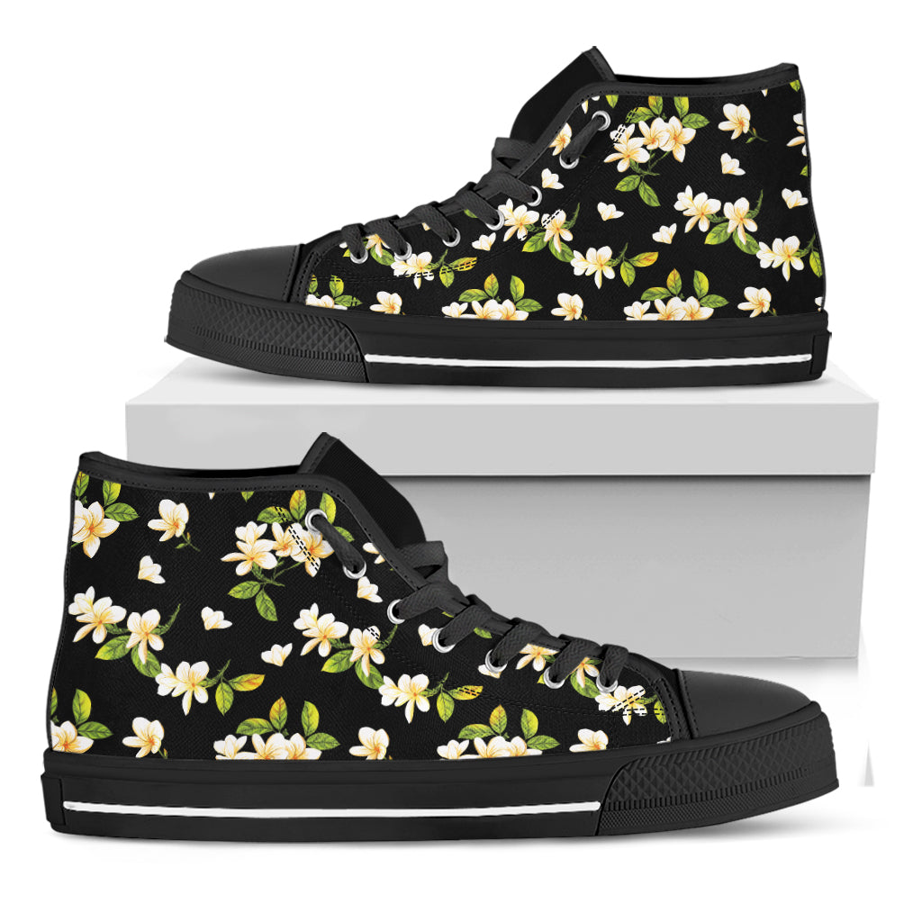 Vintage Plumeria Flower Pattern Print Black High Top Shoes