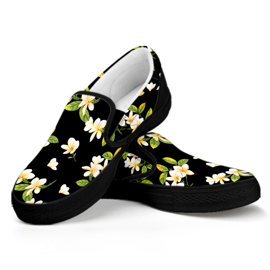 Vintage Plumeria Flower Pattern Print Black Slip On Shoes