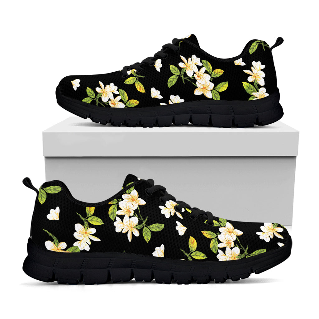 Vintage Plumeria Flower Pattern Print Black Sneakers