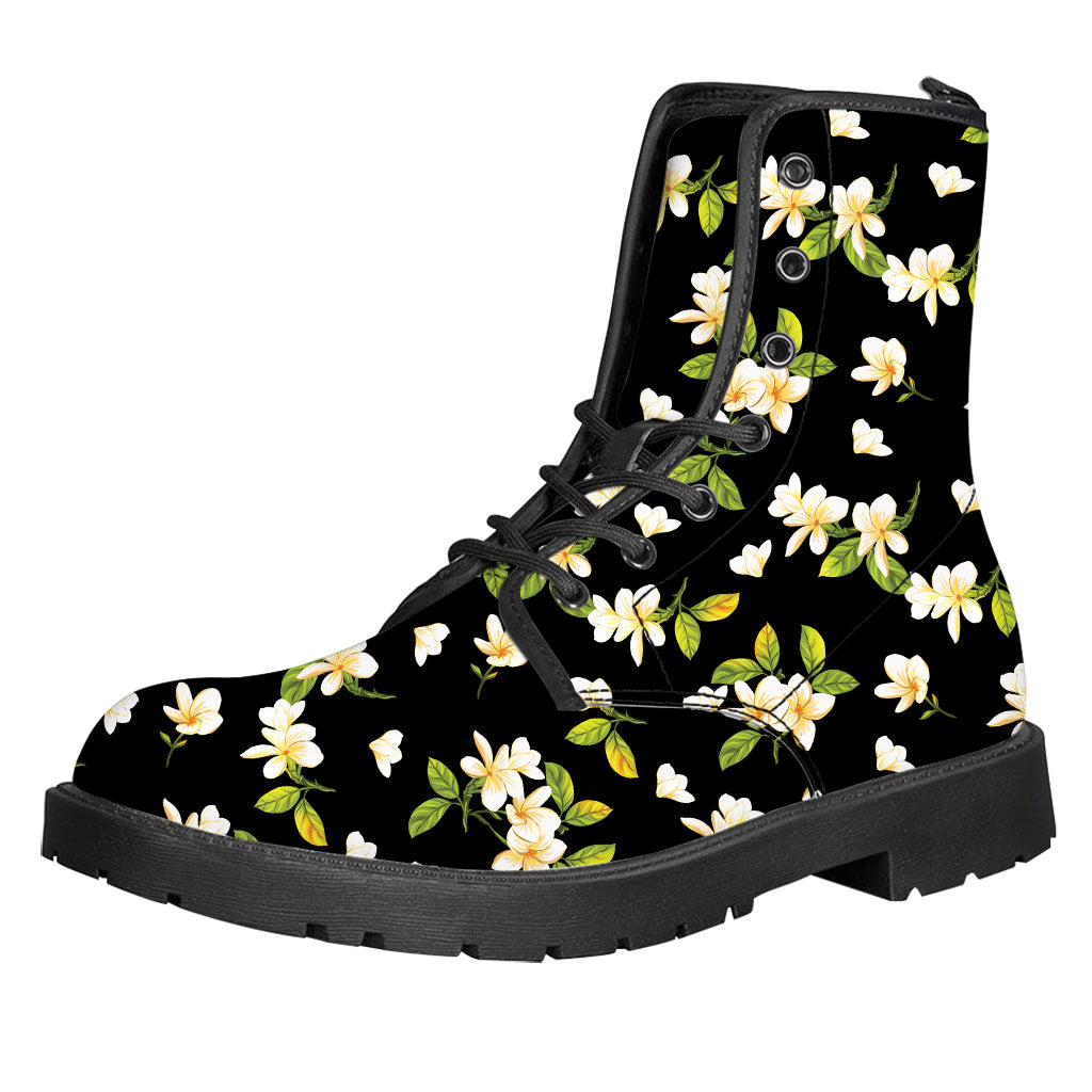 Vintage Plumeria Flower Pattern Print Leather Boots