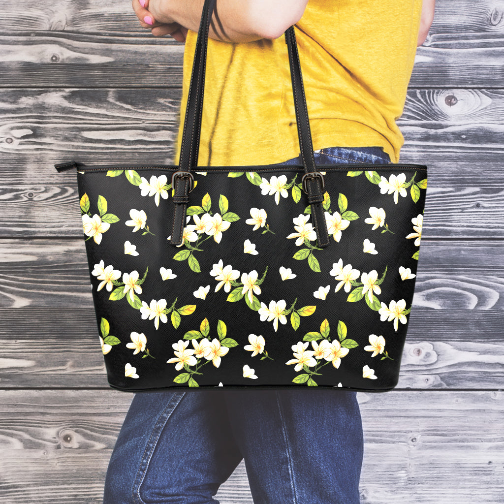 Vintage Plumeria Flower Pattern Print Leather Tote Bag