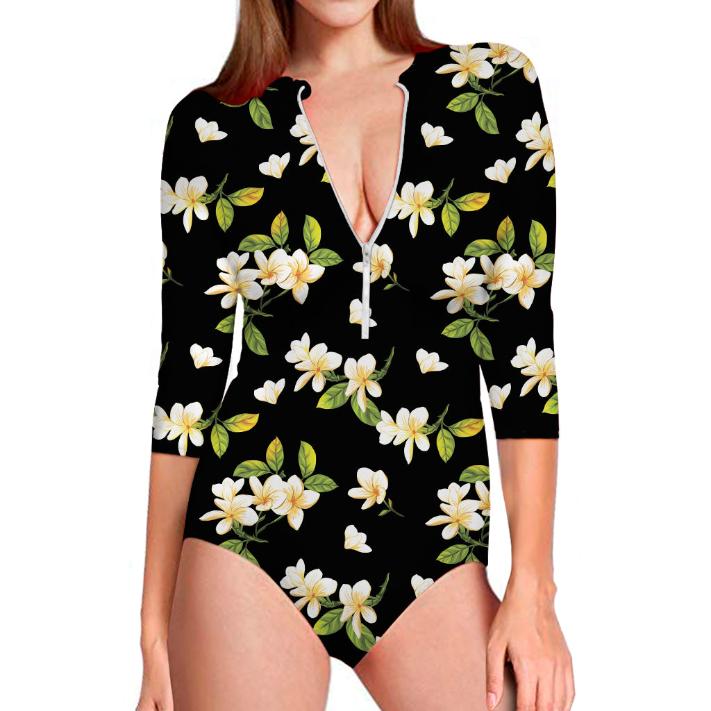 Vintage Plumeria Flower Pattern Print Long Sleeve One Piece Swimsuit