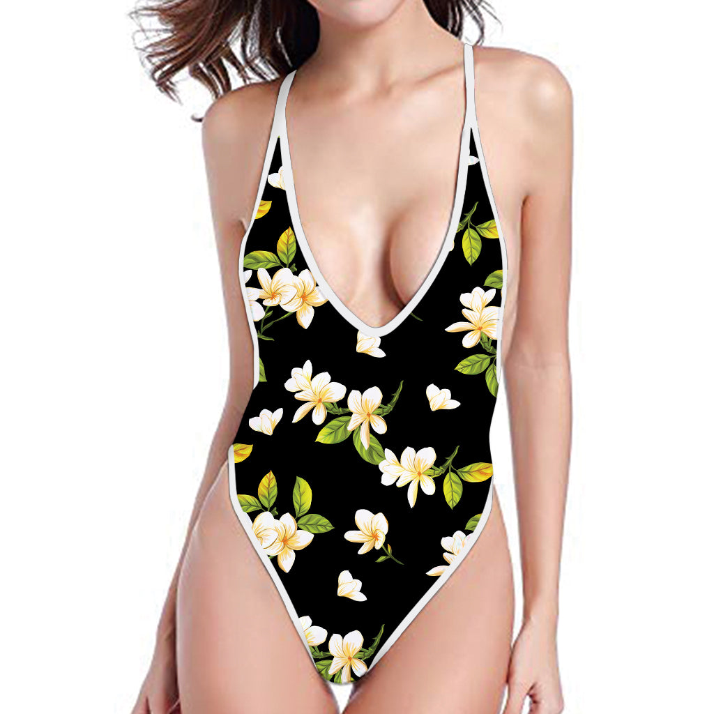 Vintage Plumeria Flower Pattern Print One Piece High Cut Swimsuit