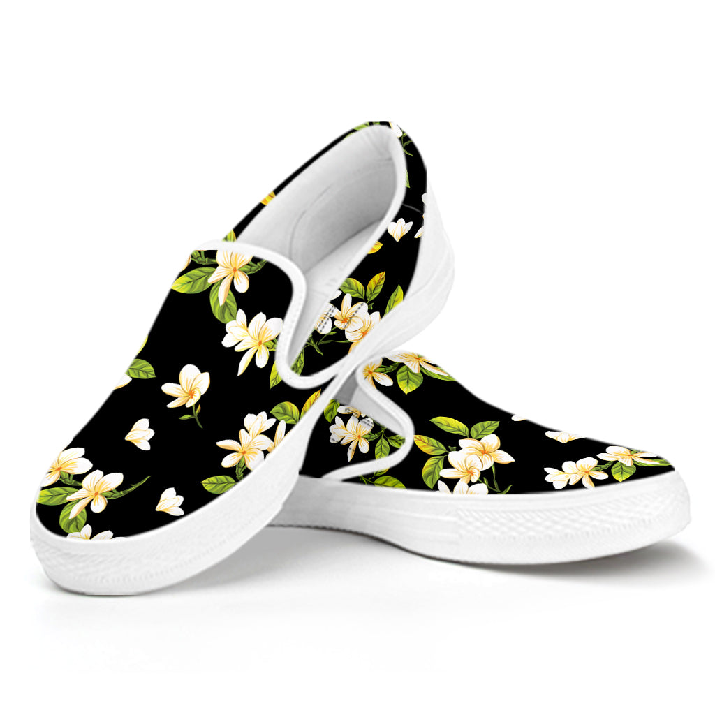 Vintage Plumeria Flower Pattern Print White Slip On Shoes