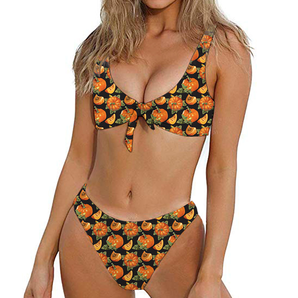 Vintage Pumpkin Pattern Print Front Bow Tie Bikini