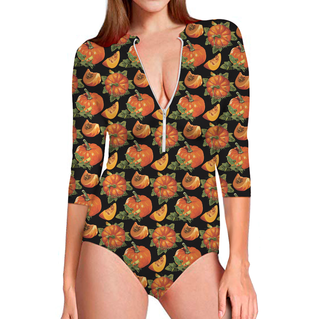 Vintage Pumpkin Pattern Print Long Sleeve One Piece Swimsuit