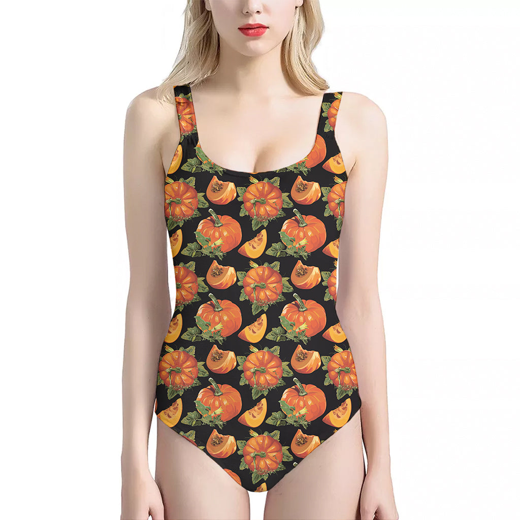 Vintage Pumpkin Pattern Print One Piece Halter Neck Swimsuit