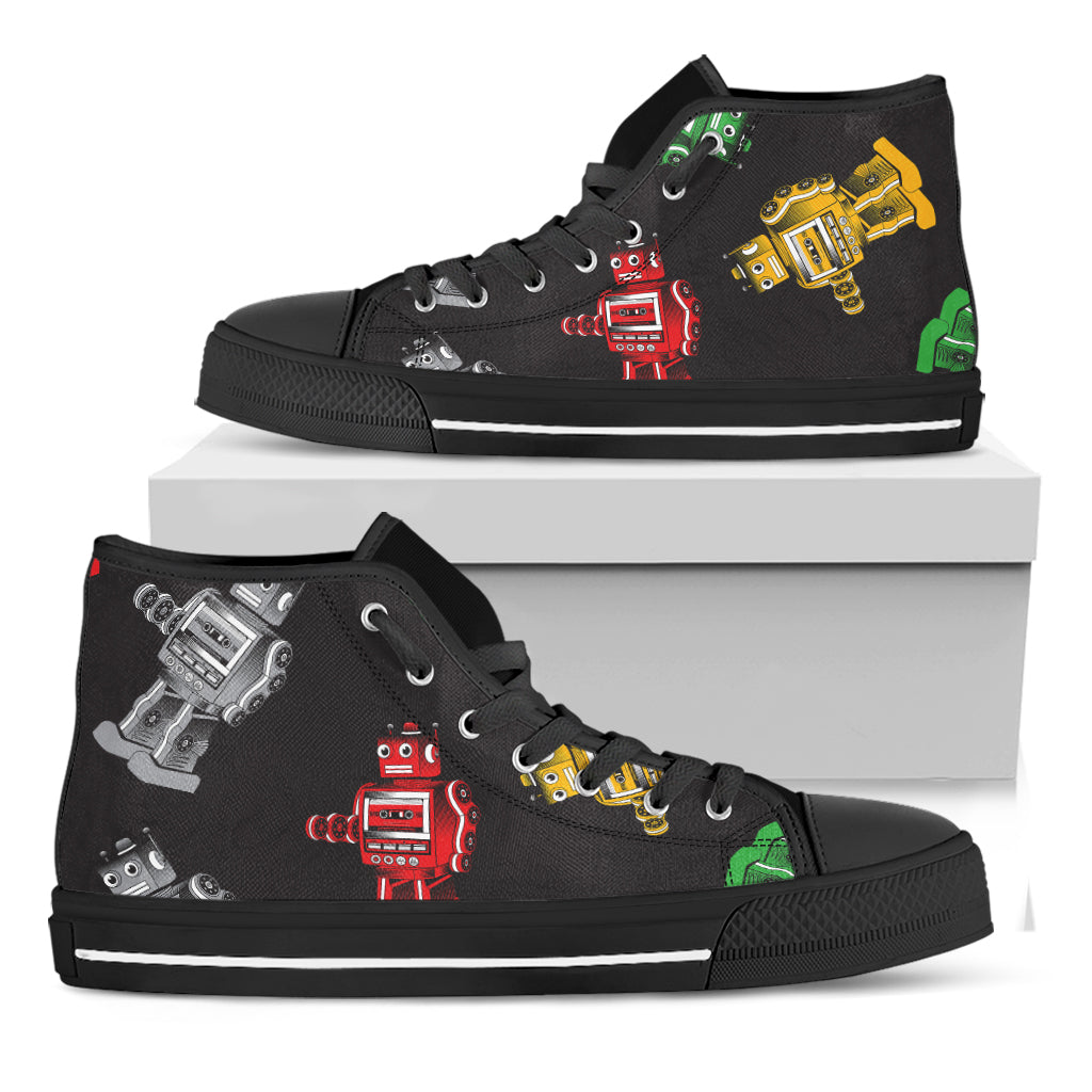 Vintage Robot Pattern Print Black High Top Shoes