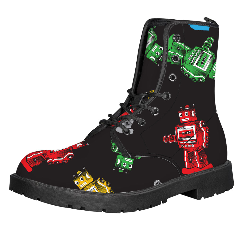 Vintage Robot Pattern Print Leather Boots