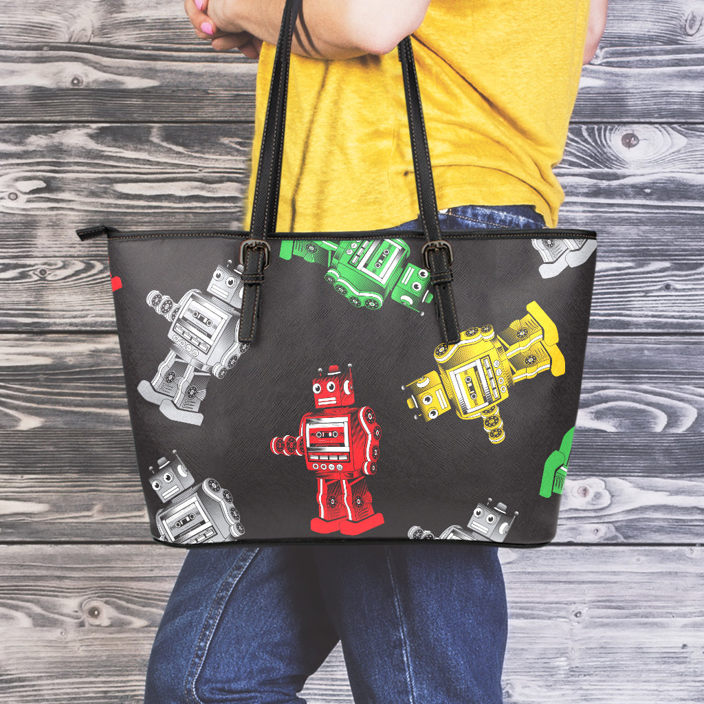 Vintage Robot Pattern Print Leather Tote Bag