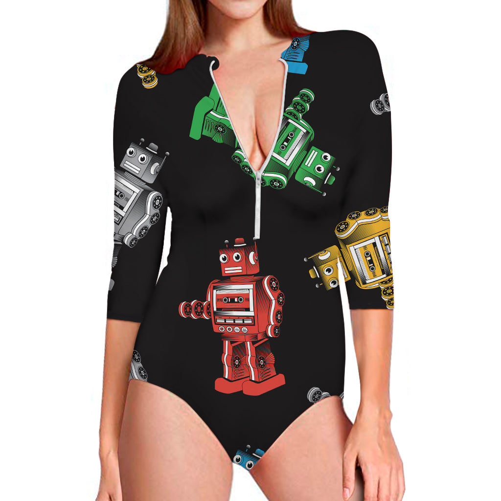 Vintage Robot Pattern Print Long Sleeve One Piece Swimsuit