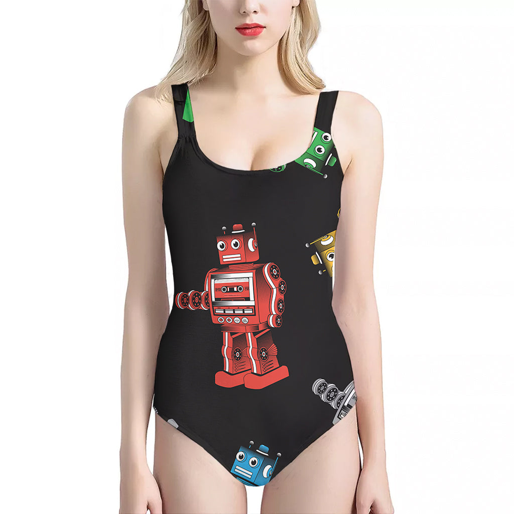 Vintage Robot Pattern Print One Piece Halter Neck Swimsuit