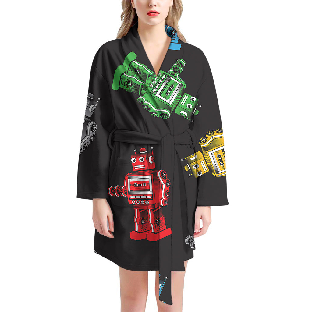 Vintage Robot Pattern Print Women's Bathrobe