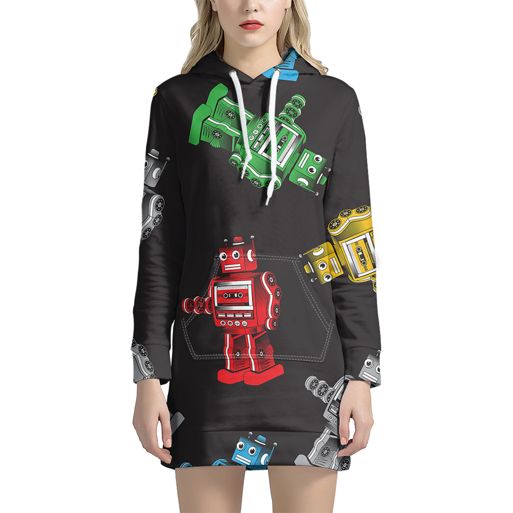 Vintage Robot Pattern Print Women's Pullover Hoodie Dress