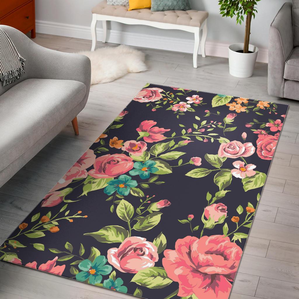 Vintage Rose Floral Flower Pattern Print Area Rug