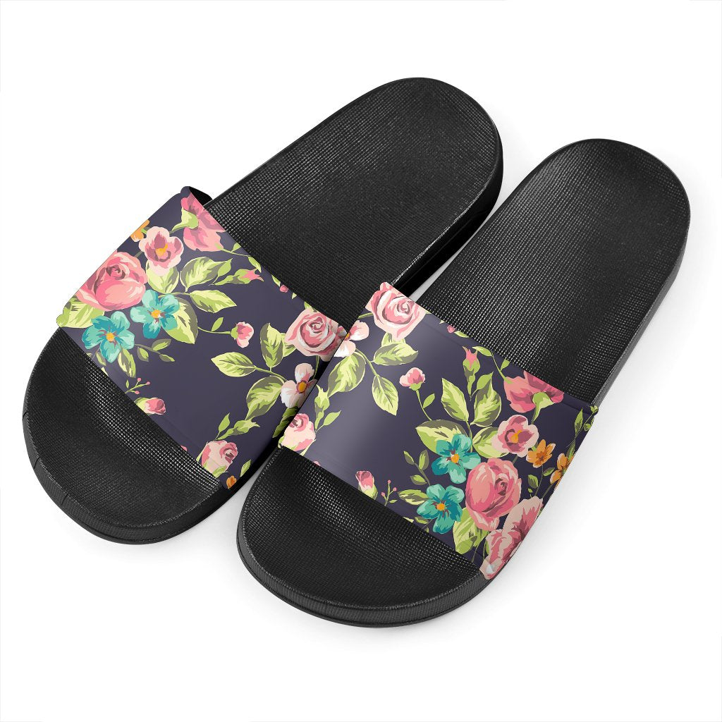 Vintage Rose Floral Flower Pattern Print Black Slide Sandals