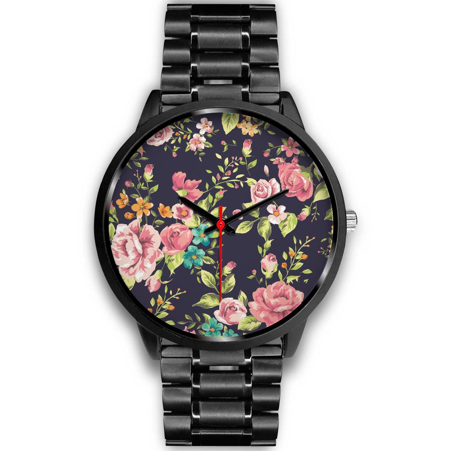 Vintage Rose Floral Flower Pattern Print Black Watch