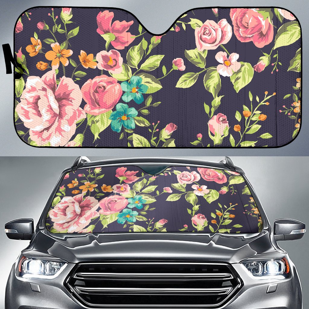 Vintage Rose Floral Flower Pattern Print Car Sun Shade