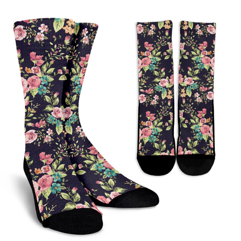 Vintage Rose Floral Flower Pattern Print Crew Socks