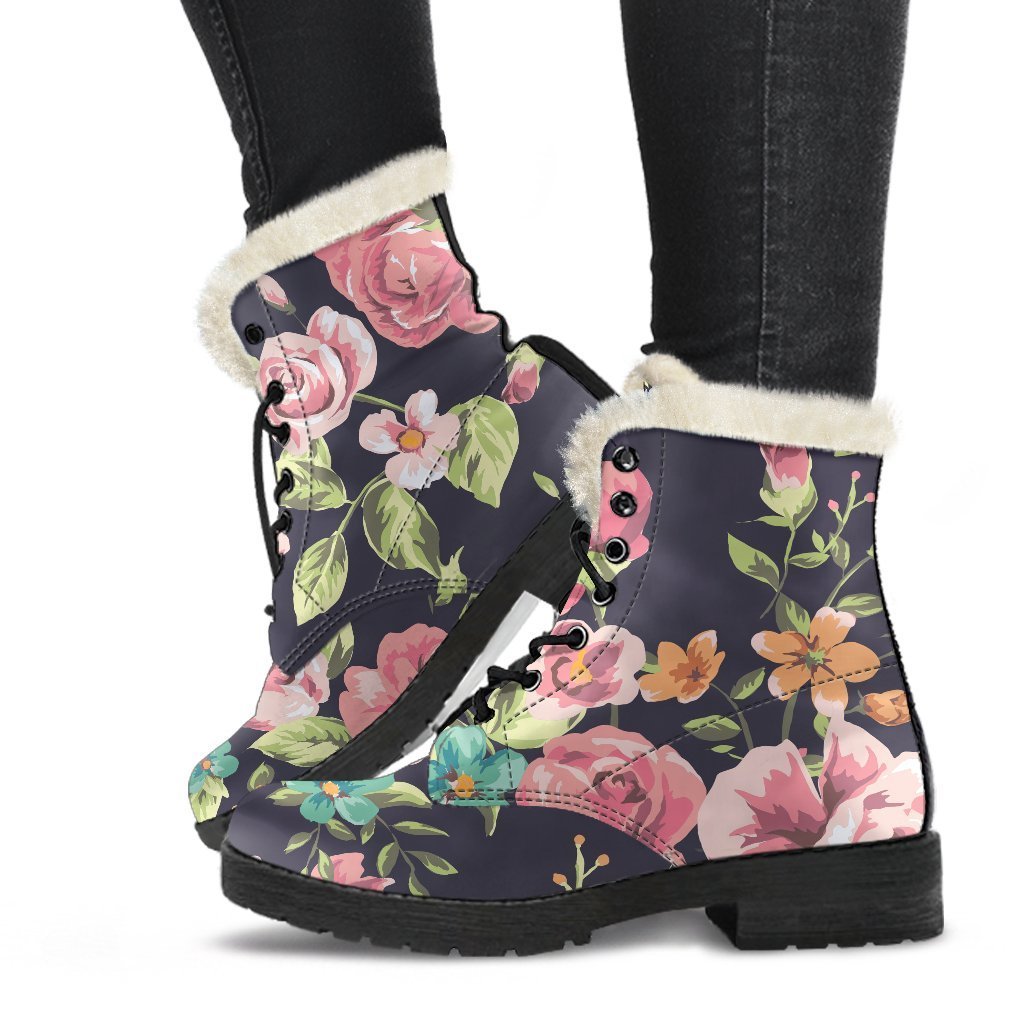 Vintage Rose Floral Flower Pattern Print Faux Fur Leather Boots