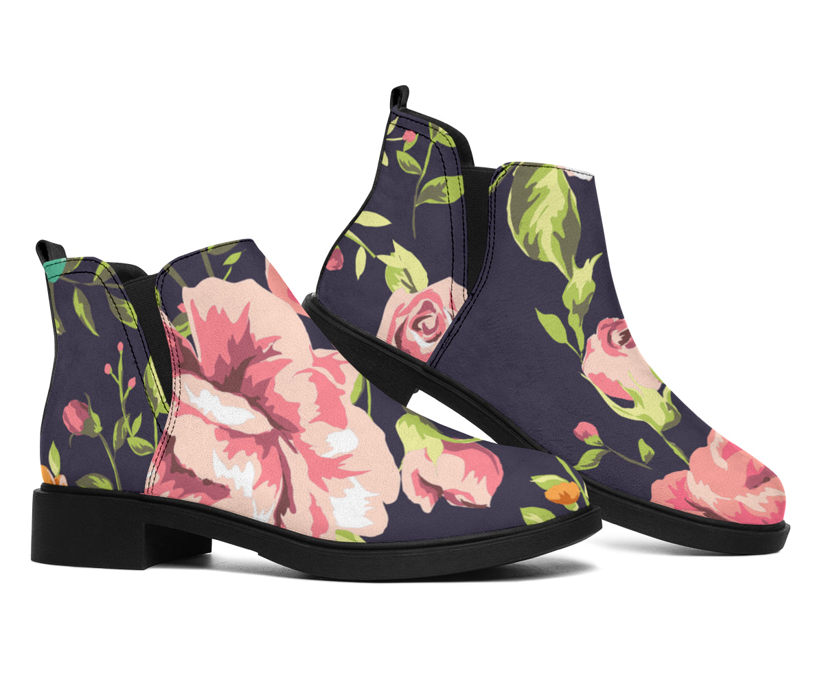 Vintage Rose Floral Flower Pattern Print Flat Ankle Boots