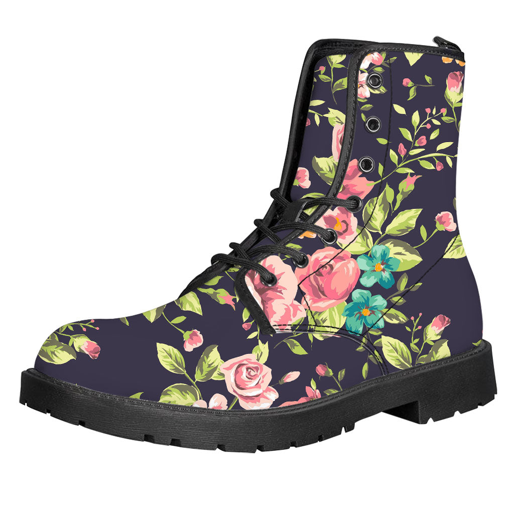 Vintage Rose Floral Flower Pattern Print Leather Boots