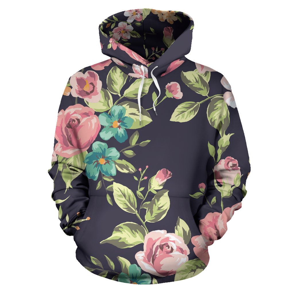 Vintage Rose Floral Flower Pattern Print Pullover Hoodie