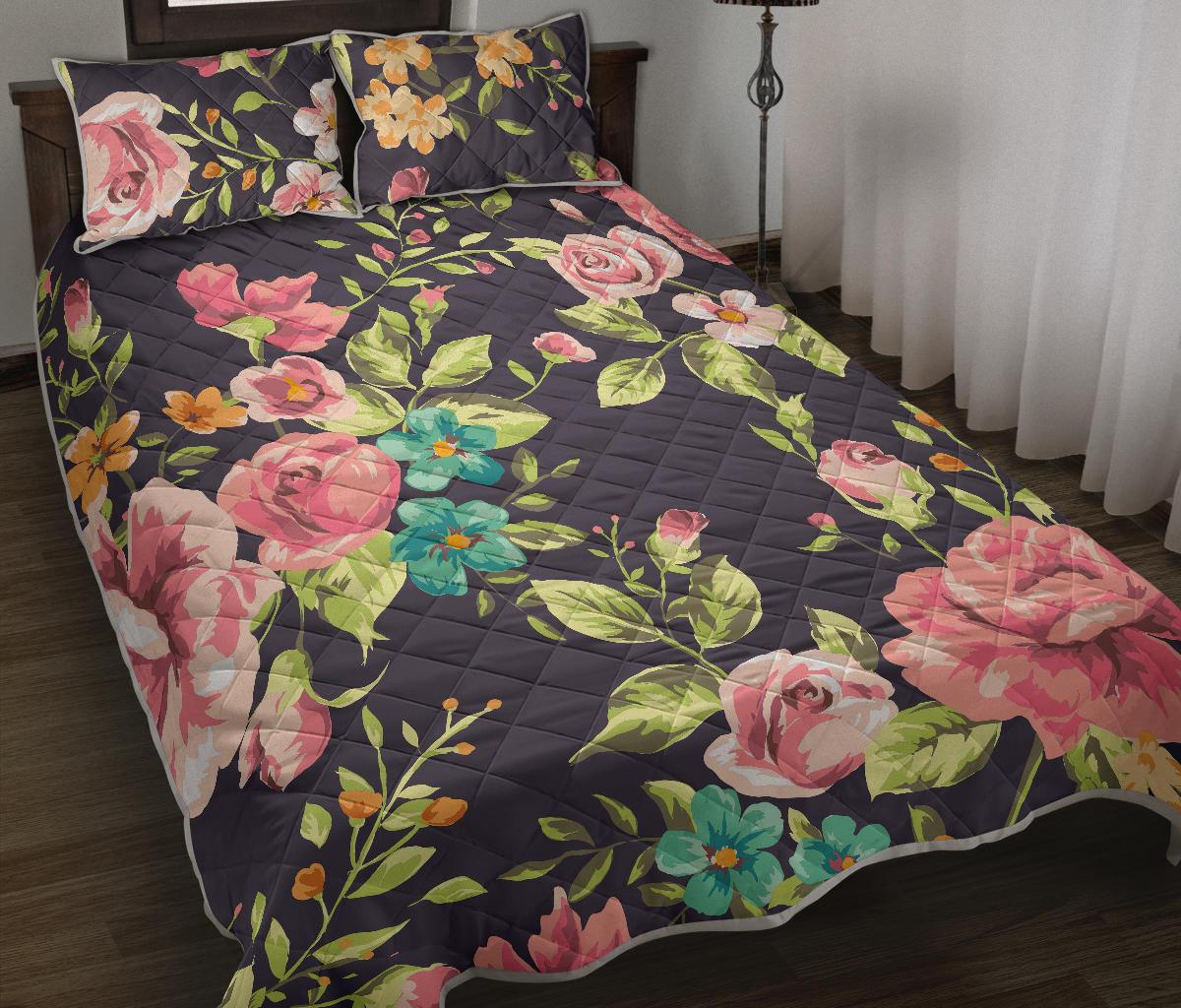 Vintage Rose Floral Flower Pattern Print Quilt Bed Set