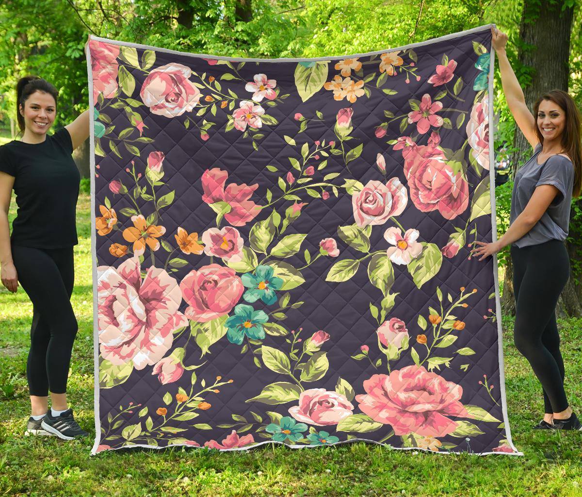 Vintage Rose Floral Flower Pattern Print Quilt