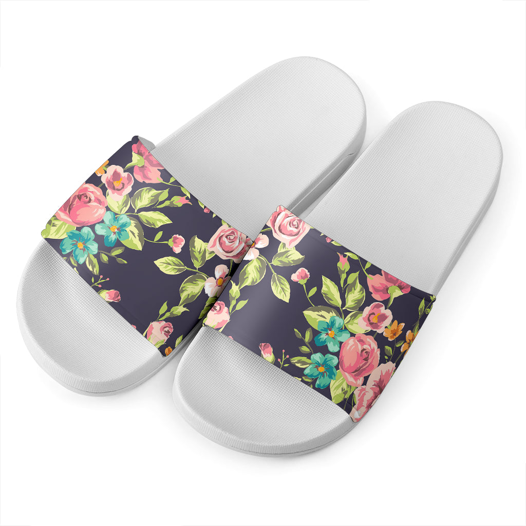 Vintage Rose Floral Flower Pattern Print White Slide Sandals