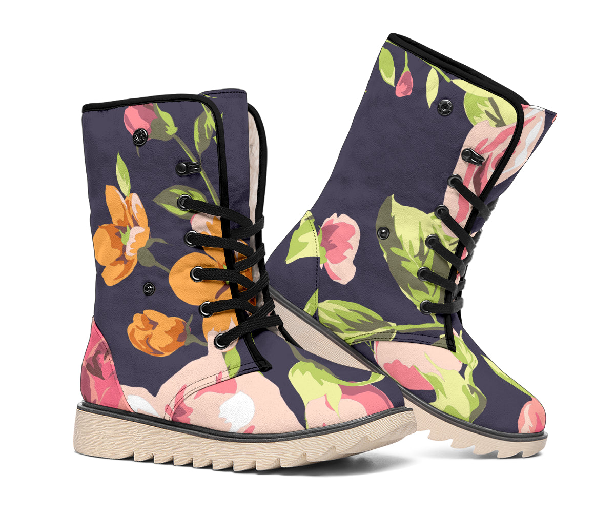 Vintage Rose Floral Flower Pattern Print Winter Boots