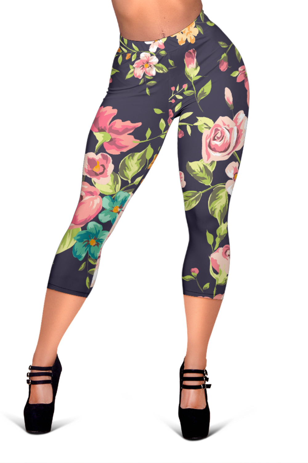 Vintage Rose Floral Flower Pattern Print Women's Capri Leggings