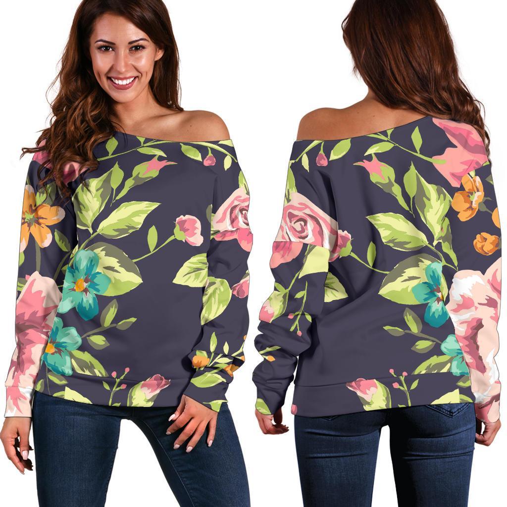 Vintage Rose Floral Flower Pattern Print Women's Off-Shoulder Sweatshirt