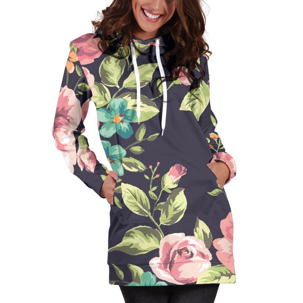 Vintage Rose Floral Flower Pattern Print Women's Pullover Hoodie Dress