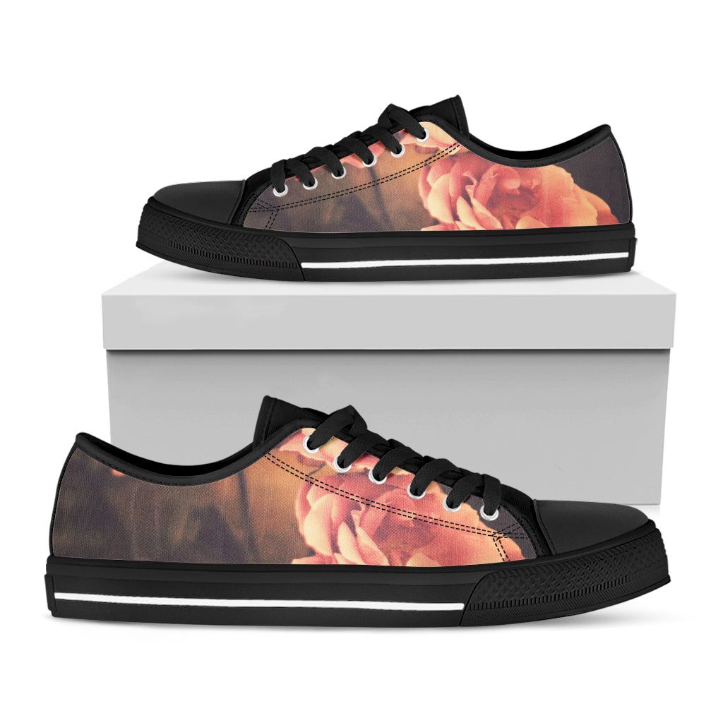 Vintage Rose Print Black Low Top Shoes