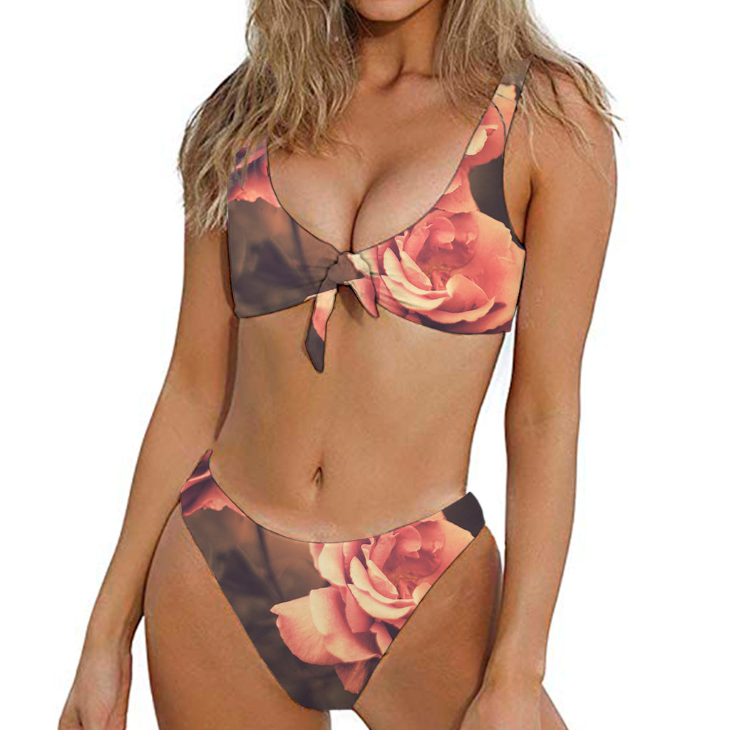 Vintage Rose Print Front Bow Tie Bikini